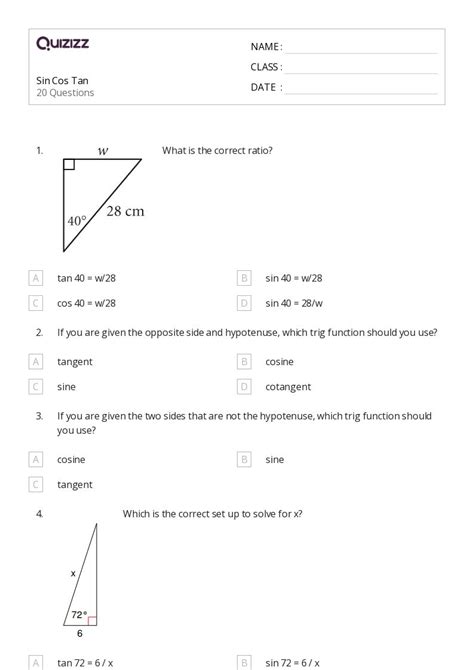 50 Trigonometric Ratios Sin Cos Tan Csc Sec And Cot Worksheets