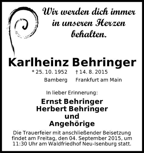 Traueranzeigen Von Karlheinz Behringer Trauerop Onlinede