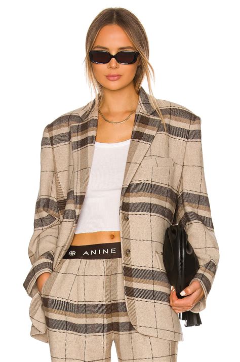 Anine Bing Quinn Blazer In Khaki Plaid Revolve