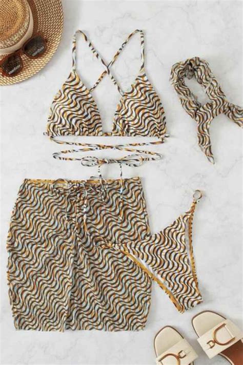 Sexy Printed Bikini Mesh Cover Up 4 Piece Swimwear Set Reflex Garments