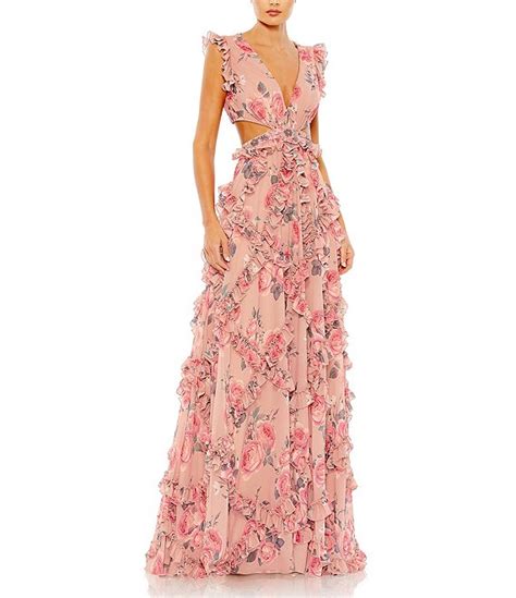 Mac Duggal Floral Print Ruffled V Neck Cap Sleeve Side Cut Out Gown