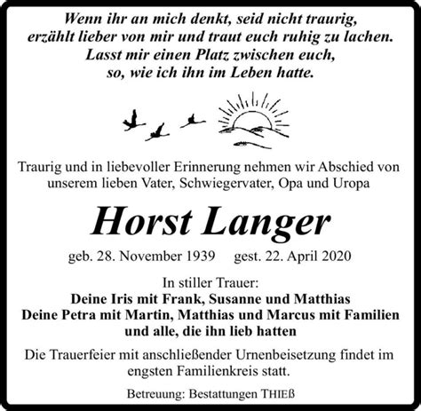 Traueranzeigen Von Horst Langer Abschied Nehmen De