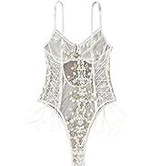 Amazon Lilosy Women Sexy Lace Up Floral Embroidered Teddy Lingerie Bodysuit Top Mesh Sheer