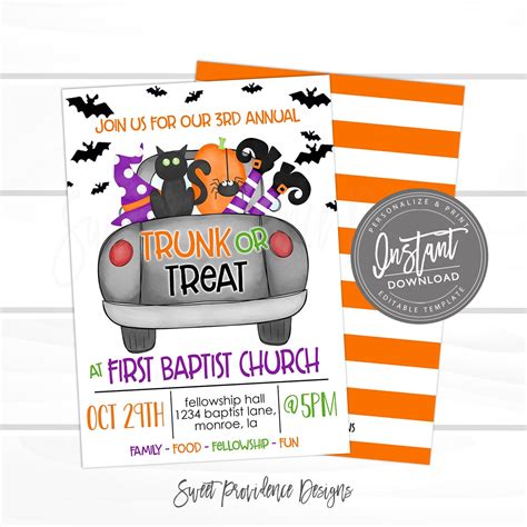 Halloween Trunk or Treat Invitation, Printable Church or School flyer, Halloween Invite Template ...