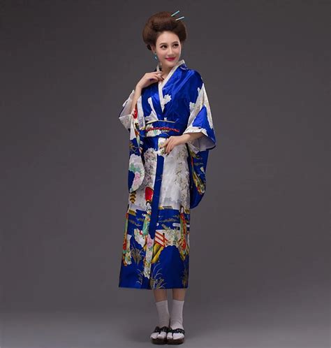 Free Shipping Blue Yukata Japanese Womens Silk Kimono Vintage Original