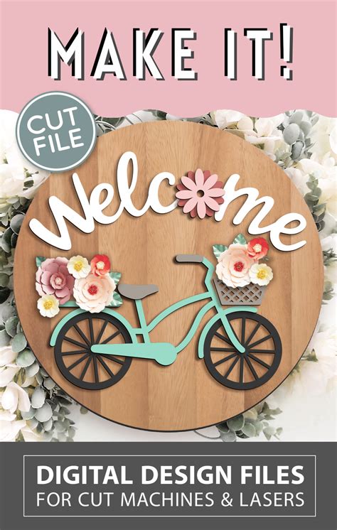 Welcome Bicycle Flower Sign Round Door Hanger Svg Glowforge Laser File