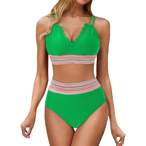 CAIVO Women Swimwear Scalloped Bikini Sets High Waisted 2PCS Swimsuits Sporty Color Block High
