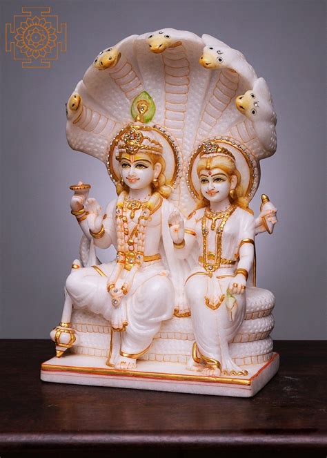 15 Vishnu And Lakshmi Seated On Sheshnag Handmade White Marble