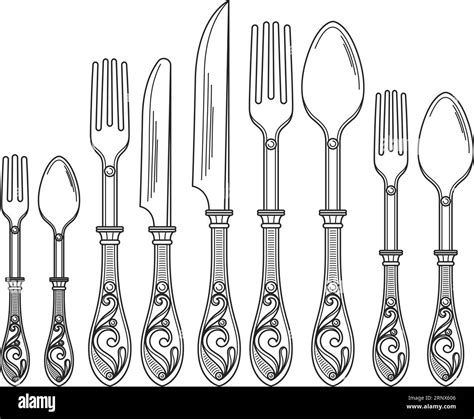 Vintage Cutlery Set Hand Drawn Ornate Tableware Stock Vector Image