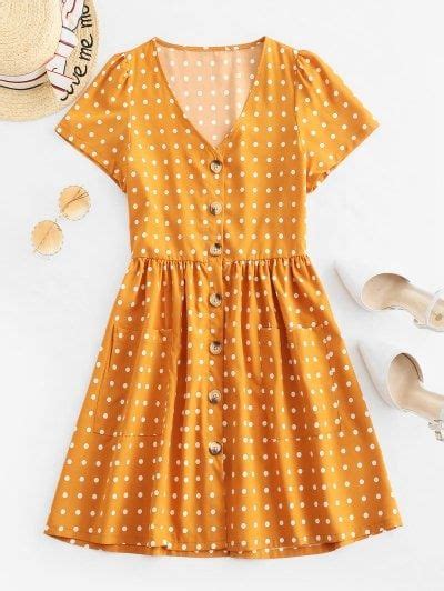 Zaful Polka Dot Button Through Pocket V Neck Dress