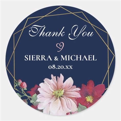 Blush Burgundy Gold Navy Blue Wedding Thank You Classic Round Sticker