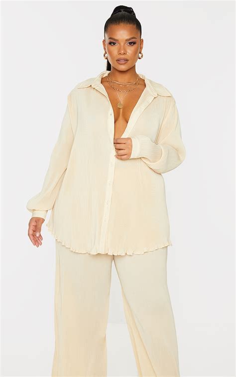 Plus Cream Plisse Button Front Oversized Shirt Plus Size Prettylittlething