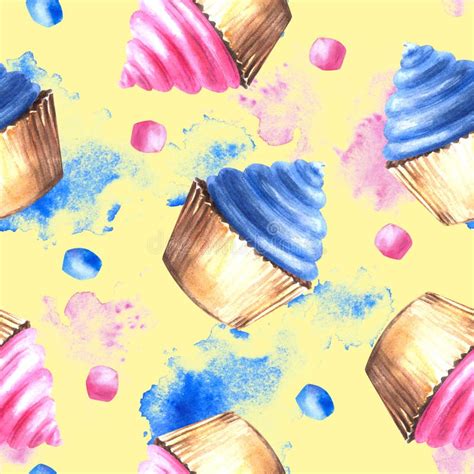 Watercolor Seamless Pattern Cupcakes Pink And Blue Cream Splashes