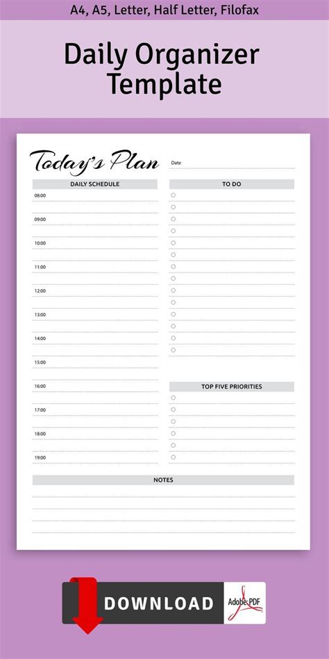 Daily Organizer Template, Daily Routine Schedule Template, Daily ...