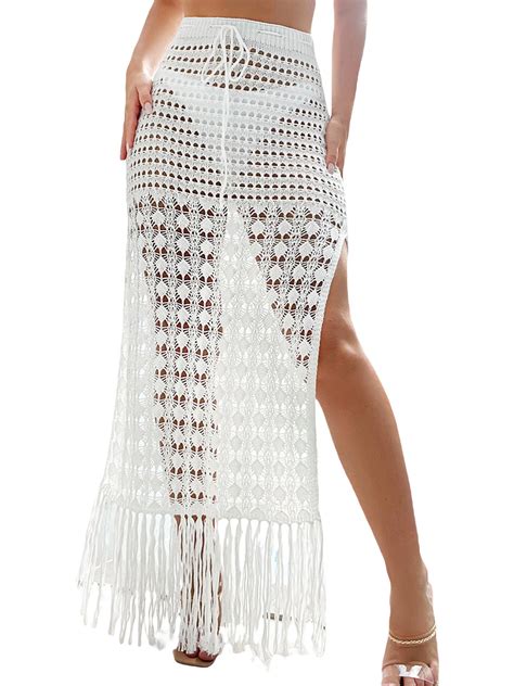 Douhoow Women Beach Skirts Sarong Crochet Bikini Cover Ups Hollow Out High Slit Long Skirts