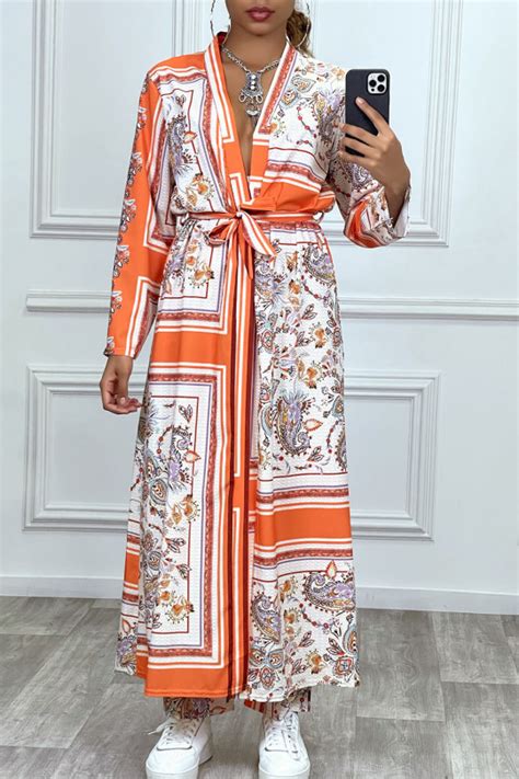 Ensemble Orange Pantalon Et Long Kimono Motif