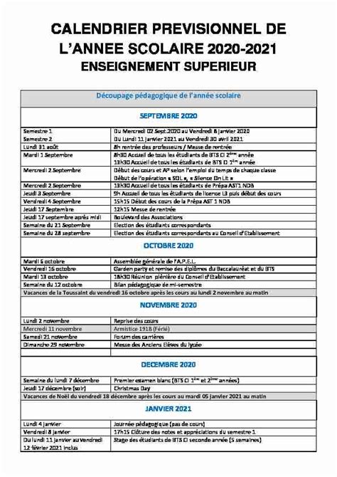 Calendrier Previsionnel De Lannee Scolaire Pdf