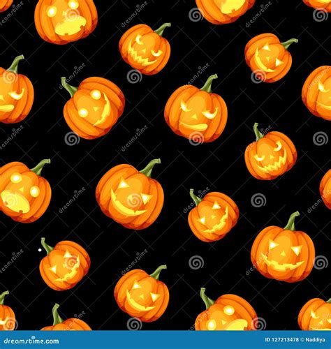 Seamless Pattern With Jack O Lanterns Halloween Pumpkins Vector