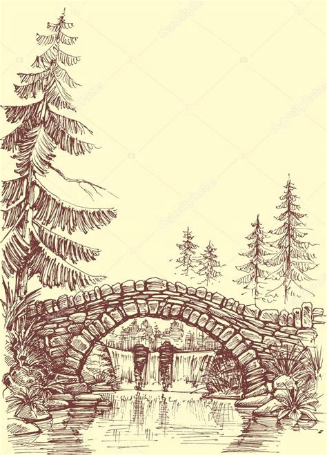 Bridge drawing. Bridge over river graphic Stock Illustration by ...