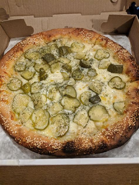 Dill Pickle Pizza Garlic White Sauce Mozzarella Dill Pickle Slices