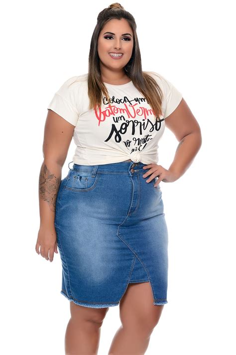 Saia Jeans Plus Size Delav Vk Moda Plus Size