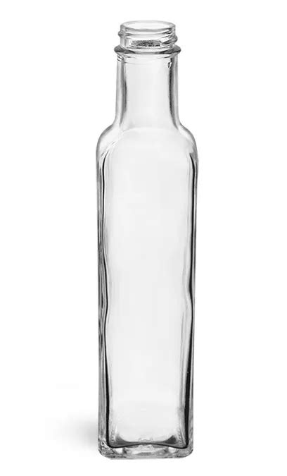 250 Ml Clear Marasca Square Glass Bottles W Black Ribbed Lined Caps