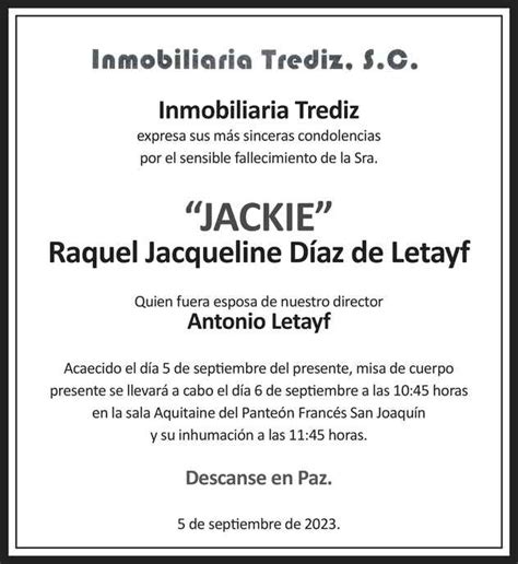 Se Ora Raquel Jacqueline D Az De Letayf Jackie Obituario Esquela