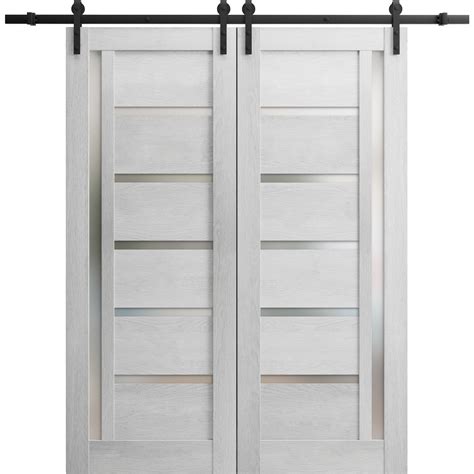 Sturdy Double Barn Door 36 X 84 Inches Quadro 4088 Light Grey Oak With Frosted Glass