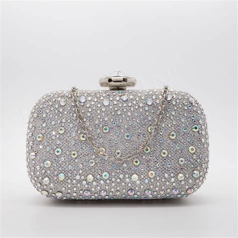 New Ladies Silver Diamante Clutch Bag Party Bridal Evening Handbag