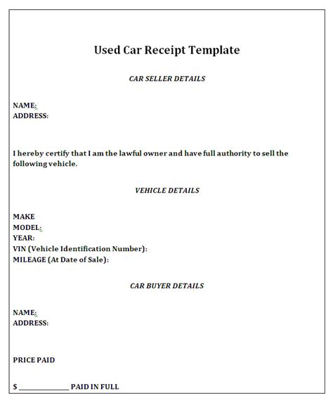 Car Sale Receipt Template Qld Printable Receipt Template