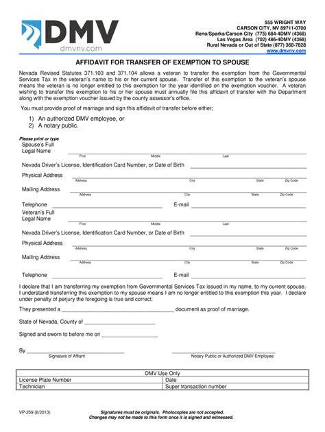 Fillable Online Nevadadmv State Nv Com Affidavit For Transfer Of Exemption To Spouse Nevada