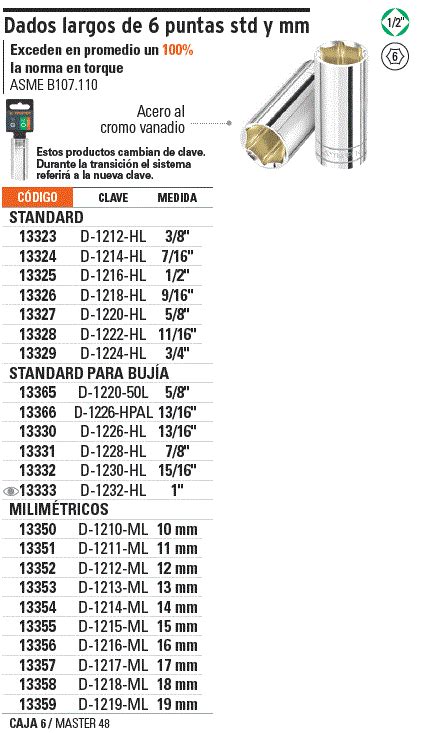 13329 D 1224 HL TRUPER Dado Largo De 3 4 6 Puntas Cuadro 1 2 Truper