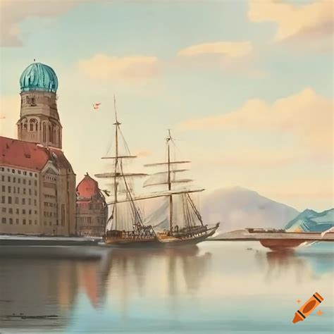 Hanseatic Ship Frauenkirche Of Munich And Snowy Mountains On Craiyon