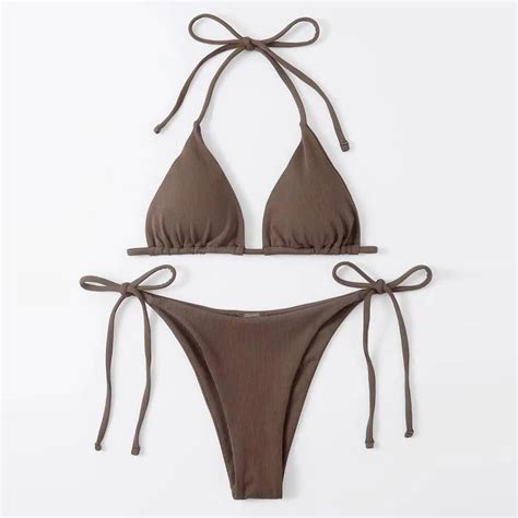 Women Sexy Neck Bikini Solid Color Split With Chest Pads No Steel Bra Swimsuit Biquinis Feminino