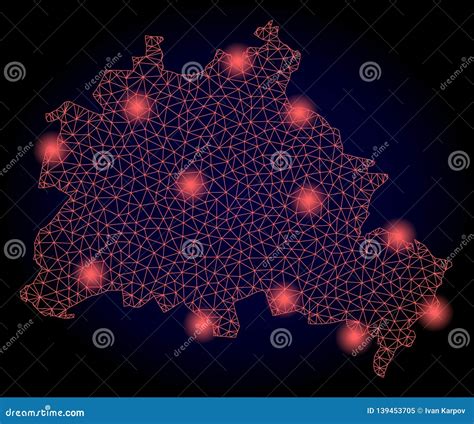 Polygonal Wire Frame Mesh Map Of Berlin City With Red Light Spots Stock