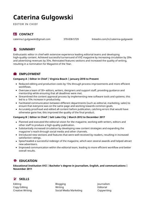 Editor In Chief Resume Cv Example And Writing Guide