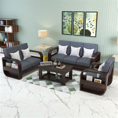 NISHA FURNITURE Solid Sheesham Wood Seater Sofa Set With Grey Cushions