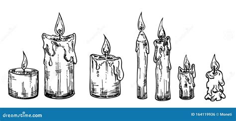 Hand Drawn Set Of Burning Candles Sketch Style Stock Vector