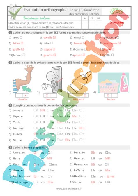 Le Son E Form Avec Des Consonnes Doubles Au Ce Evaluation Qcm