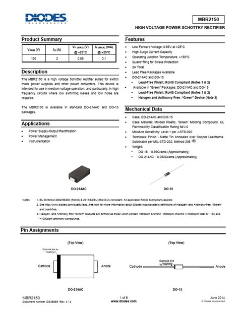 MBR2150 Datasheet PDF HIGH VOLTAGE POWER SCHOTTKY RECTIFIER