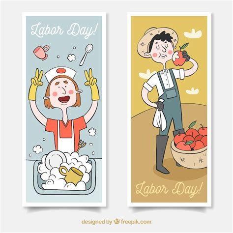 Free Vector | Hand drawn cartoon characters on labor day's banners