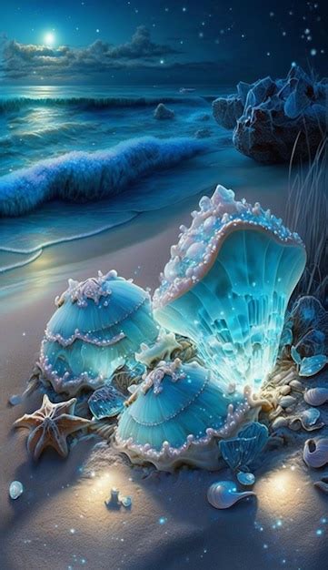 Premium AI Image | A painting of sea shells on a beach.