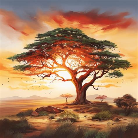 Premium AI Image | African safari sunrise landscape isolated tree sunny ...