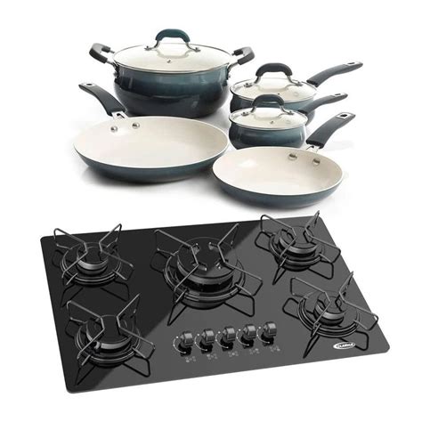 Conjunto Panela Fogao A Gas - Fogão a Gás Cooktop 5b + Conjunto de Panelas 05 Peças Cinza - OSTER ...