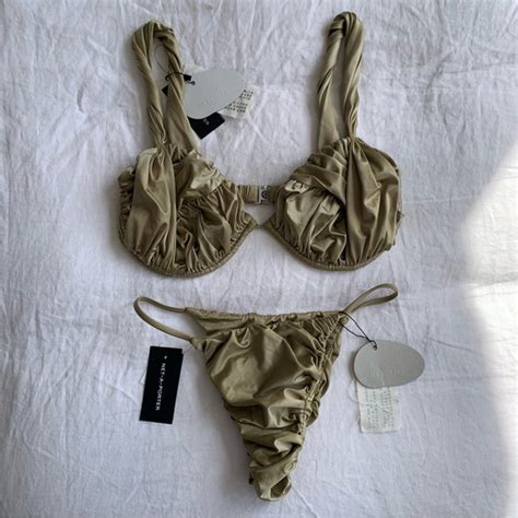Isa Boulder Swim Nwt Isa Boulder Waves Ruched Satin Bikini Top Flash Bottom Set Gold Poshmark