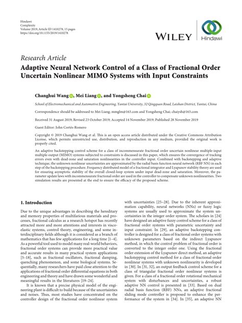 Pdf Adaptive Neural Network Control Of A Class Of Fractional Order