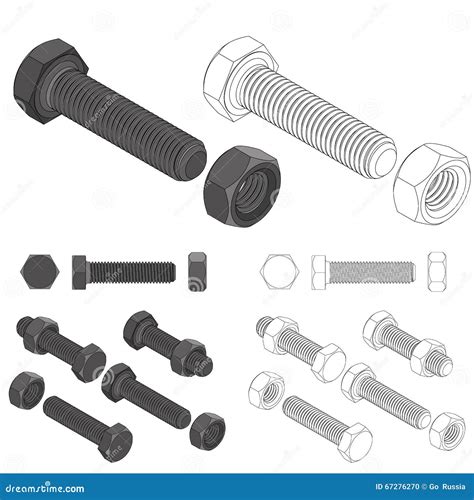 Bolt And Nut Set All View Isometric Stock Vector Illustration Of