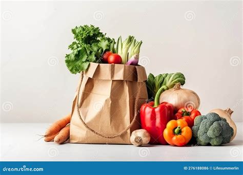 Various Grocery Items In Paper Bag On White Table Opposite Gray Wall