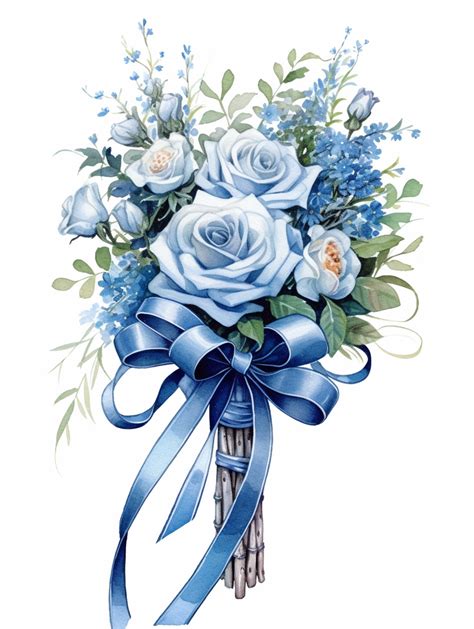 Vintage Beautiful Victorian Shabby Chic Blue Roses Bouquet With Ribbon