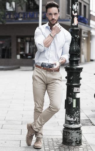 Mens White Dress Shirt Beige Chinos Beige Suede Desert Boots Brown